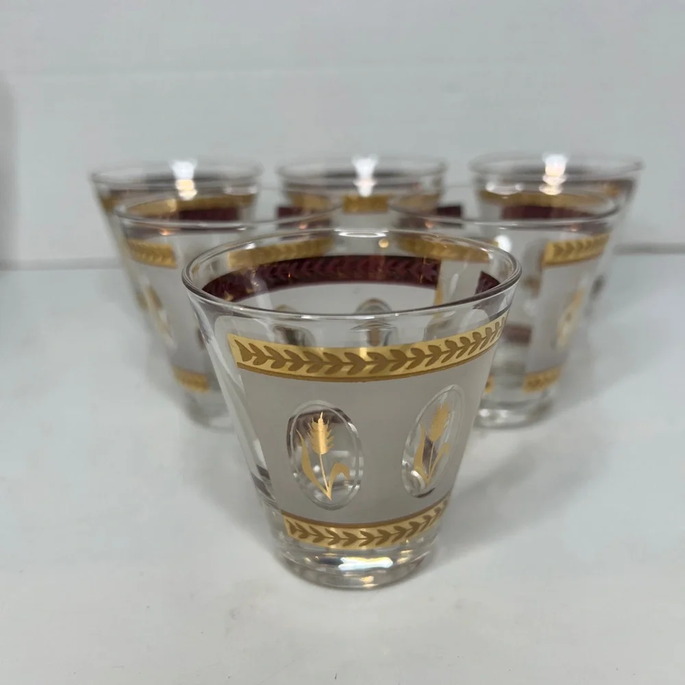 Vintage 15 Pc MCM Gold Wheat Foliage Etched Leaf Bar Set